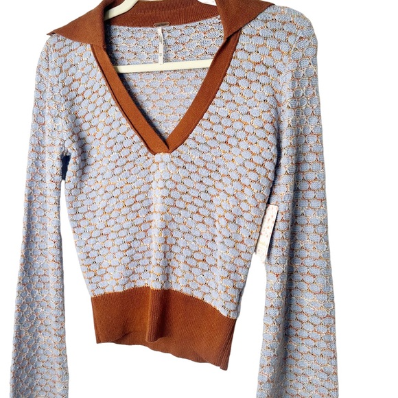 NWT Free People Vintage Blue Combo Collar Cropped Sweater Bell Sleeves XS - Picture 6 of 11